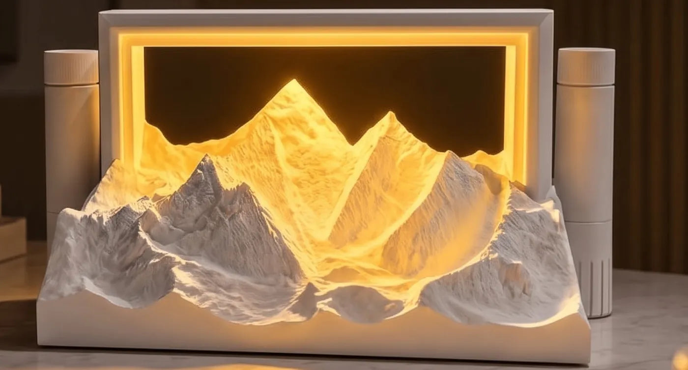 Relief de montagnes en plâtre sculpté éclairé d’une lumière chaude